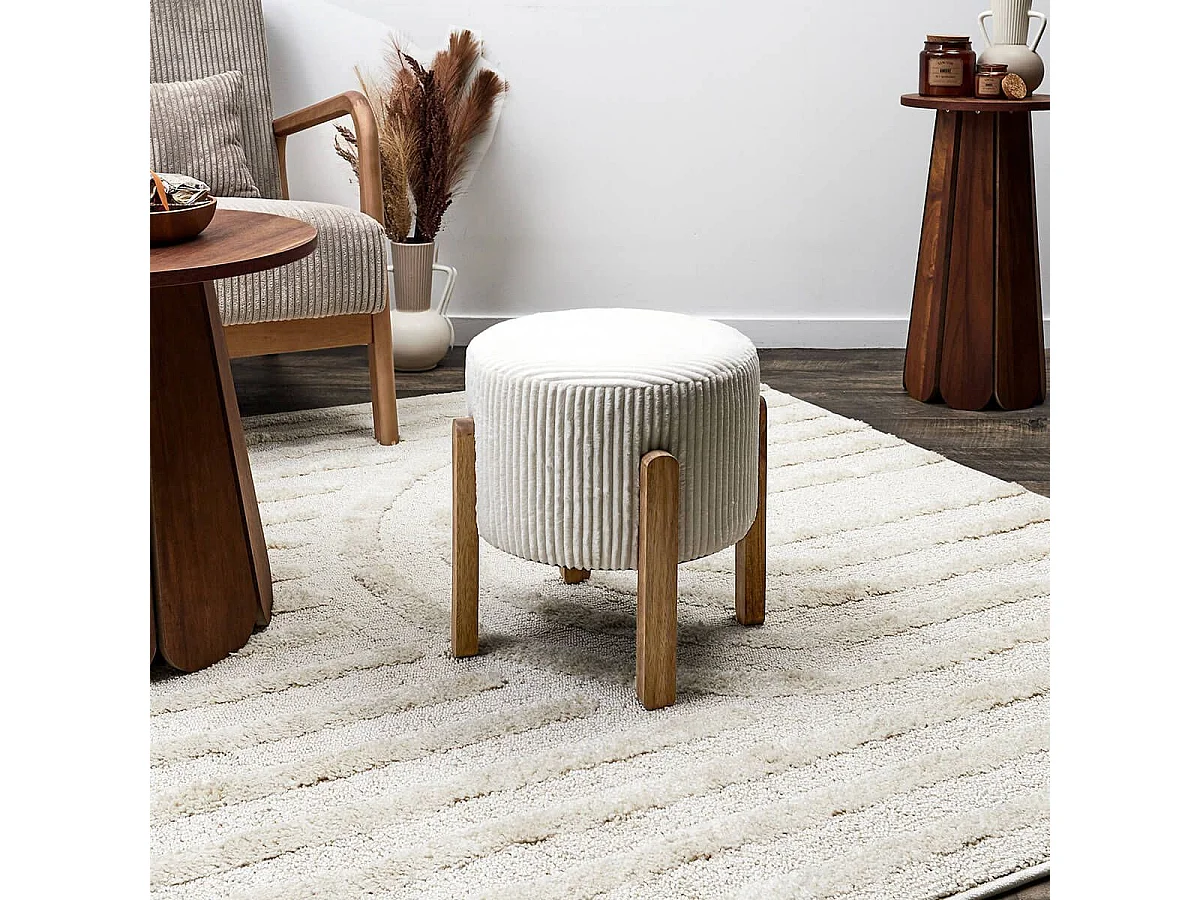 AMORY - Lot de 2 Tabourets en velours côtelé coloris crème pieds en acacia