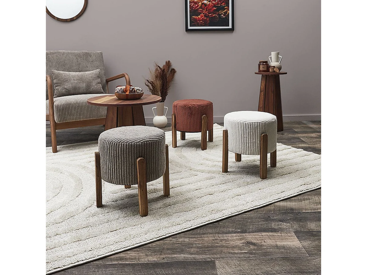 AMORY - Lot de 2 Tabourets en velours côtelé coloris crème pieds en acacia