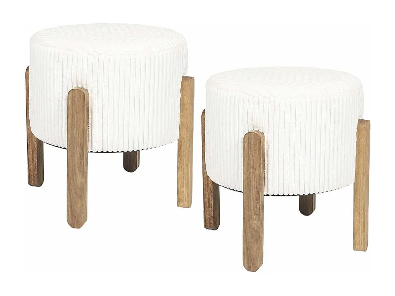 AMORY - Lot de 2 Tabourets en velours côtelé coloris crème pieds en acacia