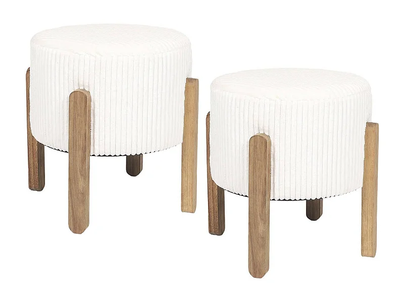AMORY - Lot de 2 Tabourets en velours côtelé coloris crème pieds en acacia