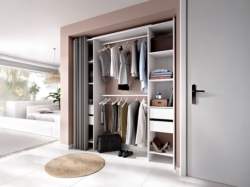 Kleiderschranksystem erweiterbar mit Vorhang - 110/178 cm - Weiß - LONAZA