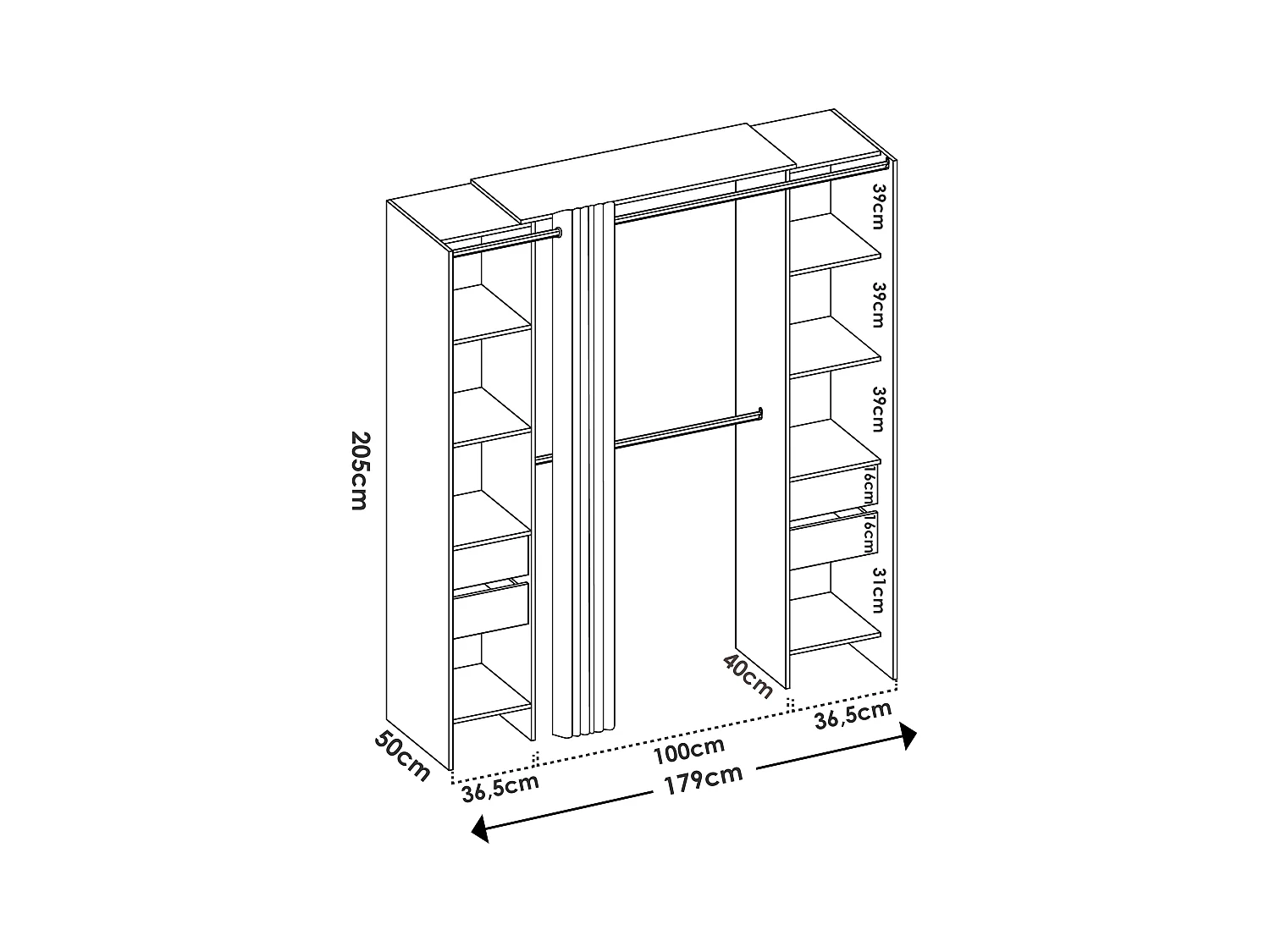 Armario extensible con cortina - L110/178 cm - Blanco - LONAZA