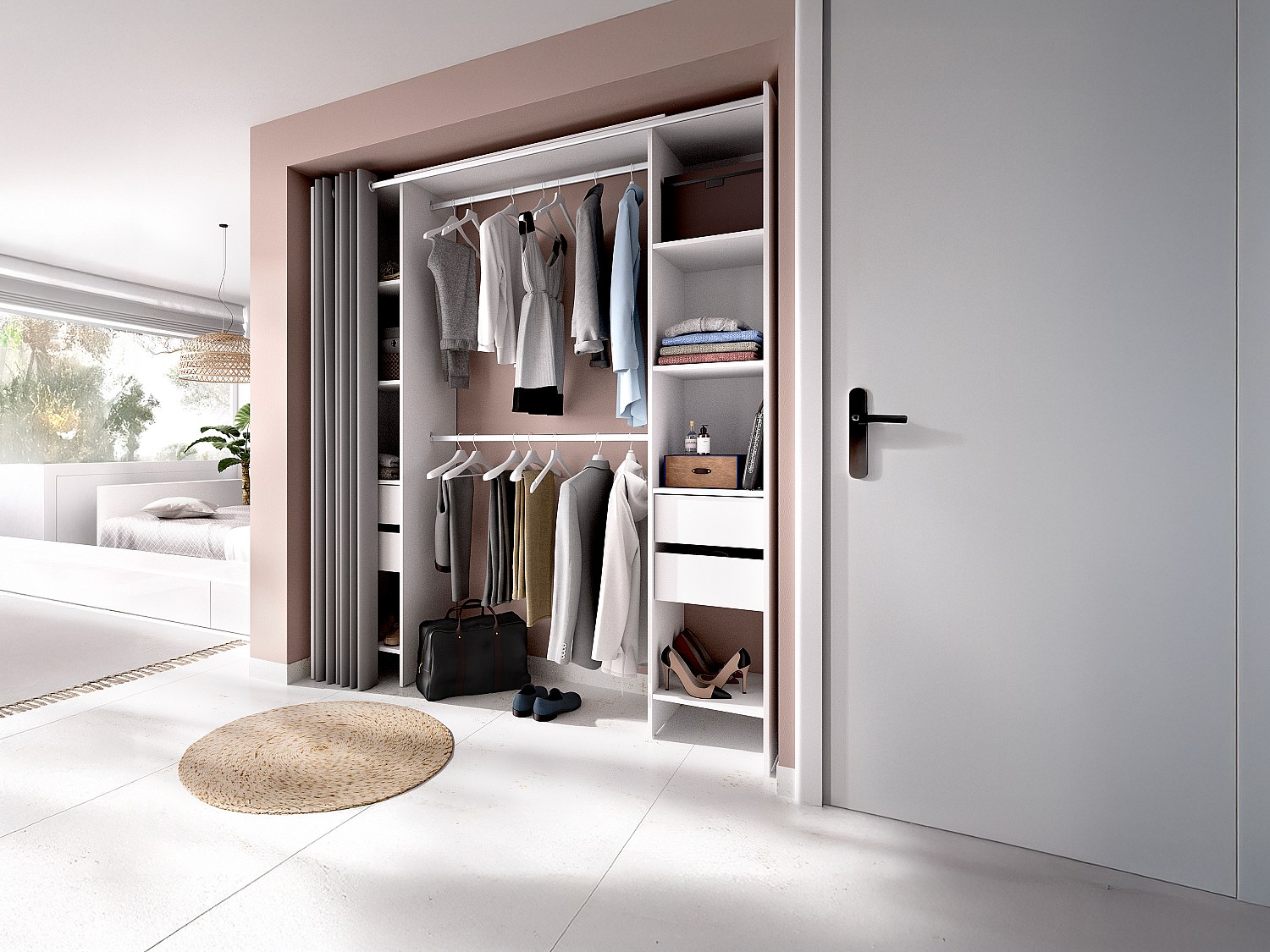 Kleiderschranksystem erweiterbar mit Vorhang - 110/178 cm - Weiß - LONAZA günstig online kaufen