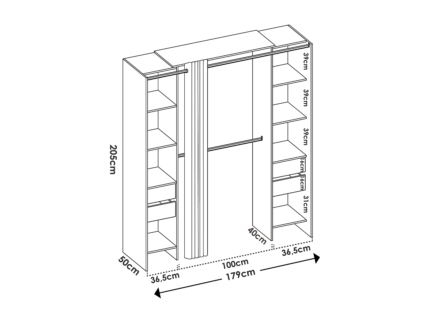 Dressing extensible avec rideau - L110/178 cm - Blanc - LONAZA