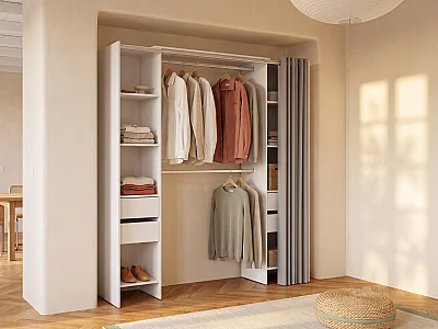 Kleiderschranksystem erweiterbar mit Vorhang - 110/178 cm - Weiß - LONAZA