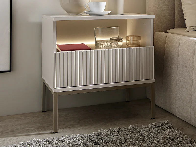 Nachtkastje met 1 lade en 1 nis - Met ledverlichting - Mdf en gerookt glas - Beige - OVILA