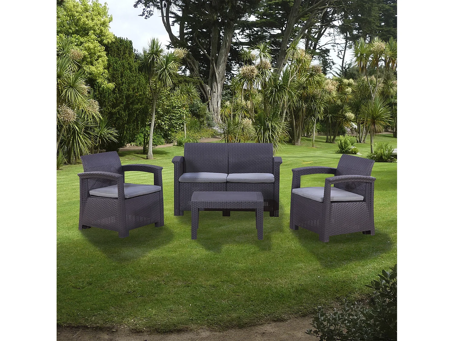 Salon de Jardin Chillvert Capri 1 Canapé 2 Sièges+2 Fauteuils+1 Table Résine Imitation Rotin Gris Anthracite