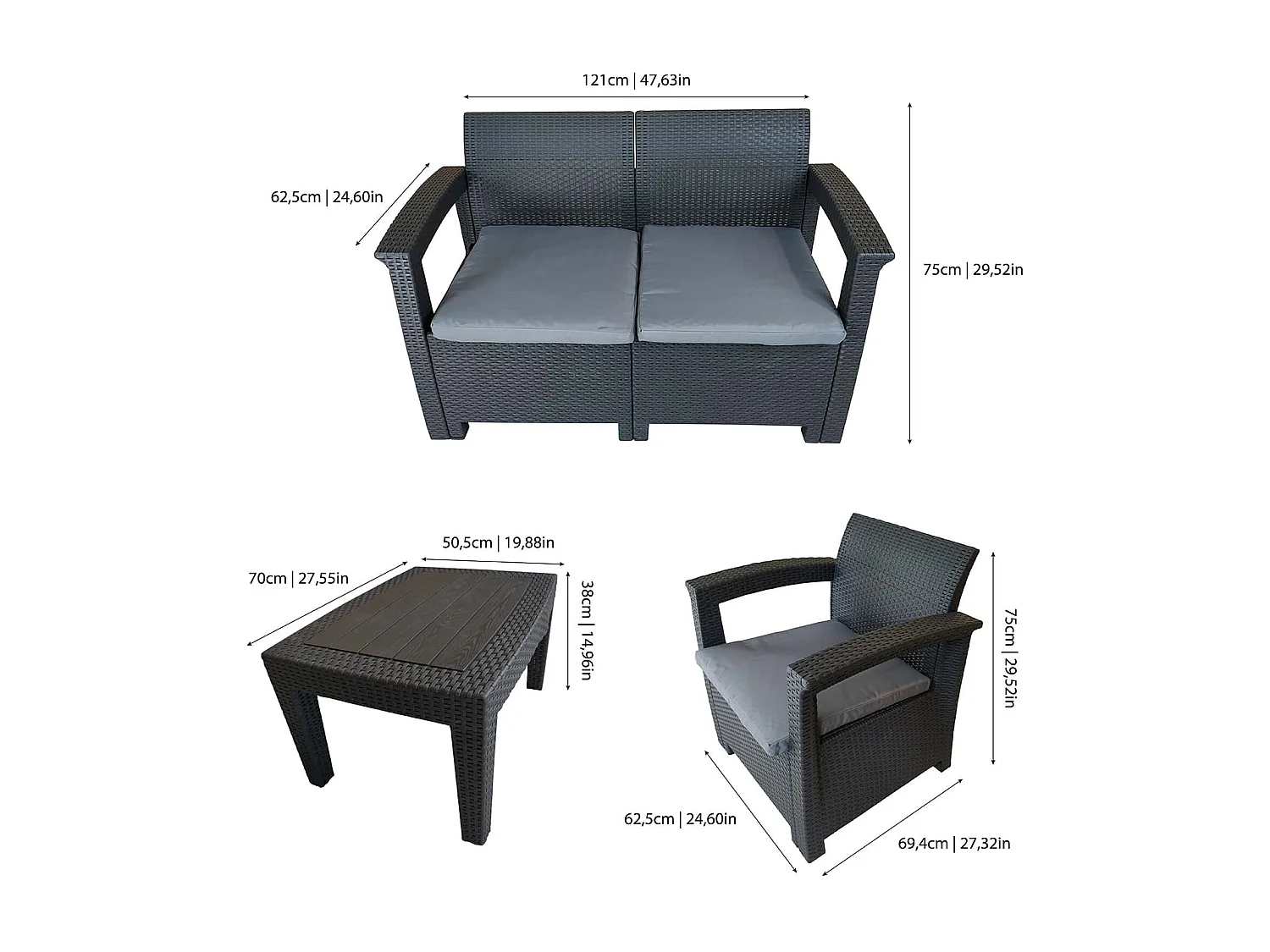 Salon de Jardin Chillvert Capri 1 Canapé 2 Sièges+2 Fauteuils+1 Table Résine Imitation Rotin Gris Anthracite