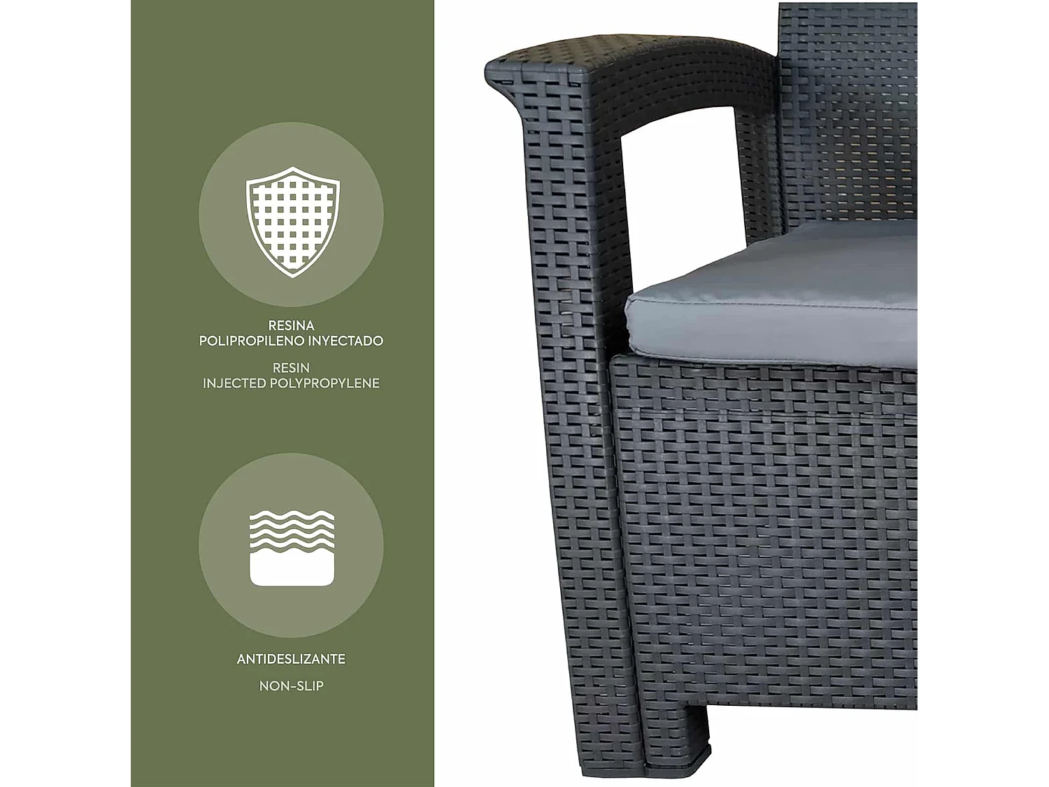 Salon de Jardin Chillvert Capri 1 Canapé 2 Sièges+2 Fauteuils+1 Table Résine Imitation Rotin Gris Anthracite