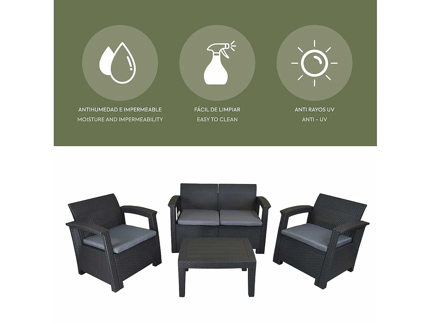 Conjunto de Jardín Chillvert Capri 1 Sofá 2 Plazas+ 2 Sillones + 1 Mesa Resina Imitación Ratan Gris Antracita