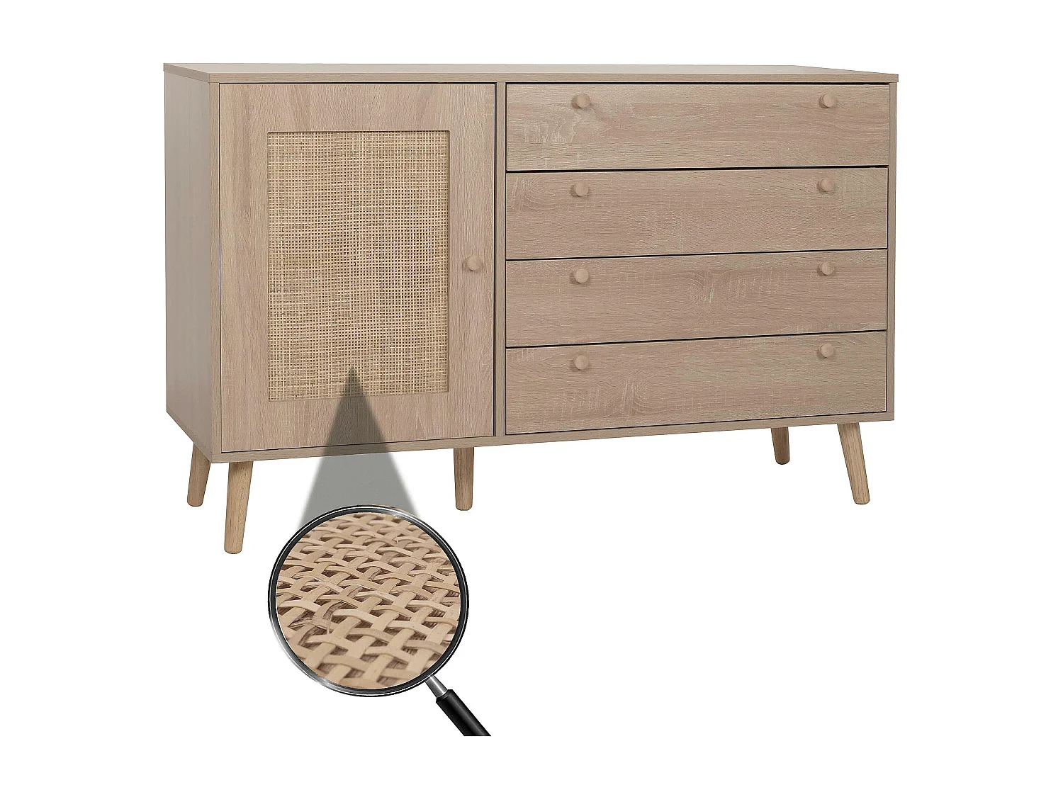 Credenza MCW-M43, mobile cassettiera alta, cassettiera portaoggetti, melaminico Kubu rattan, aspetto rovere