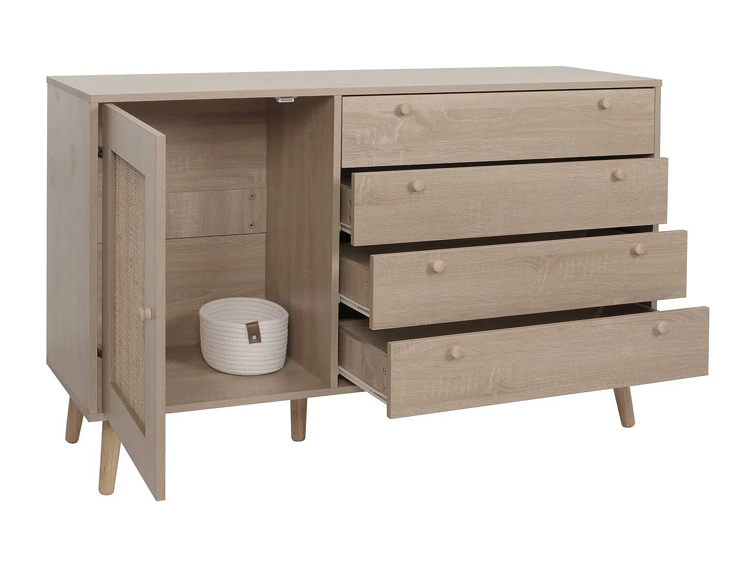 Credenza MCW-M43, mobile cassettiera alta, cassettiera portaoggetti, melaminico Kubu rattan, aspetto rovere