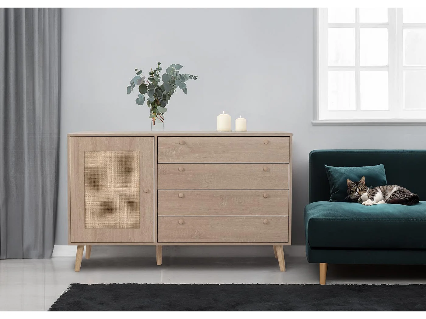 Credenza MCW-M43, mobile cassettiera alta, cassettiera portaoggetti, melaminico Kubu rattan, aspetto rovere