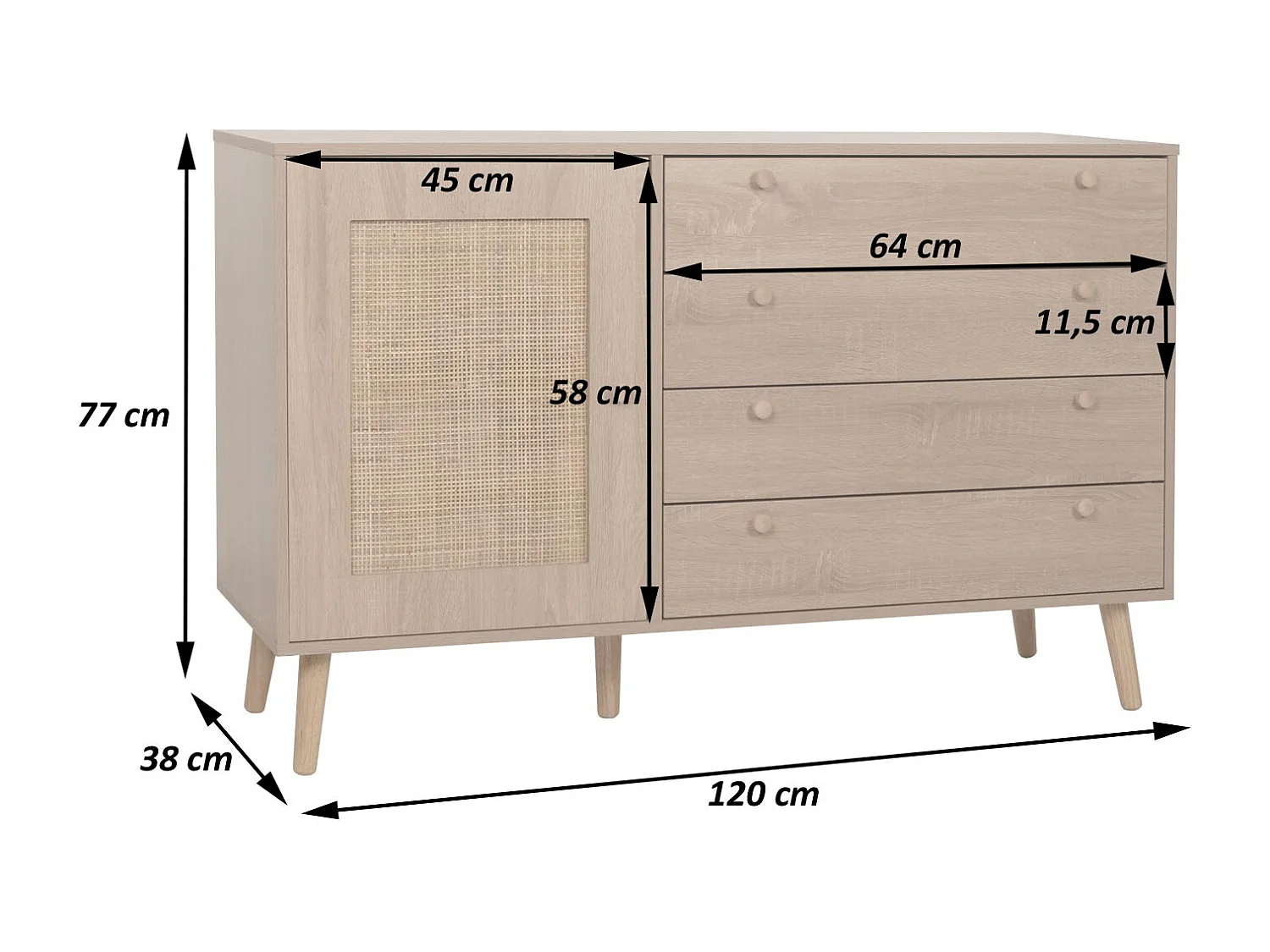 Credenza MCW-M43, mobile cassettiera alta, cassettiera portaoggetti, melaminico Kubu rattan, aspetto rovere
