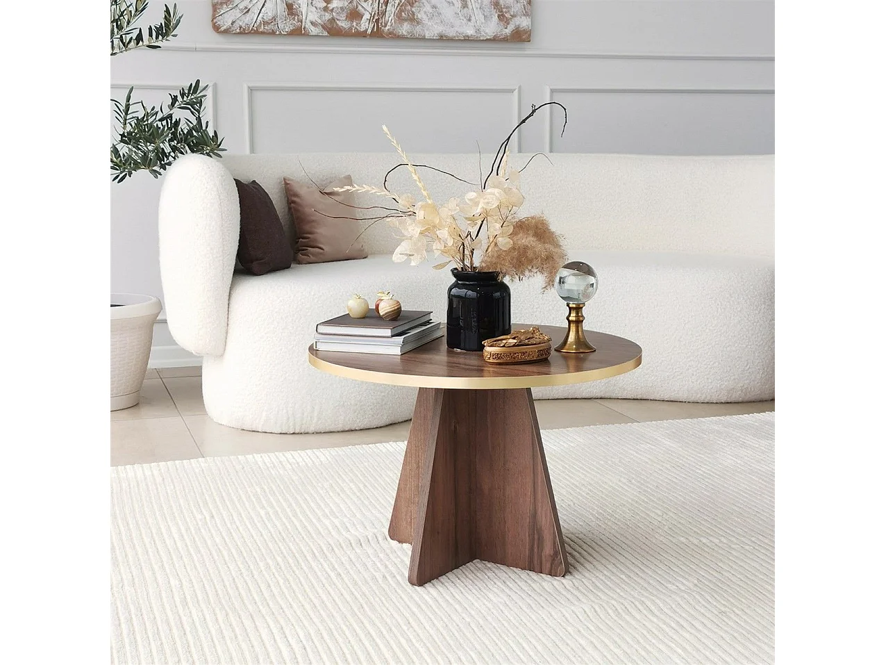 Mesa de café Kailua 1818, Nogal|Dorado, 40cm, Diámetro: 60, Aglomerado laminado, Redonda