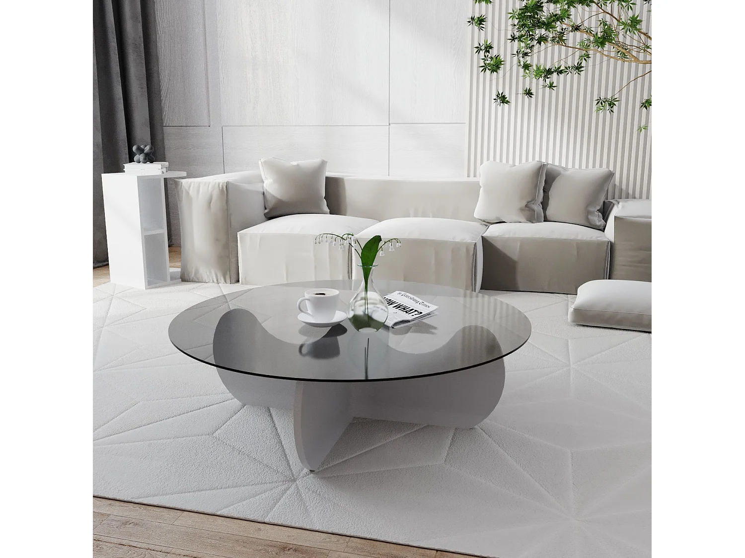 Mesa de café Kailua 1639, Blanco, 30cm, Diámetro: 90, Vidrio templado, Redonda