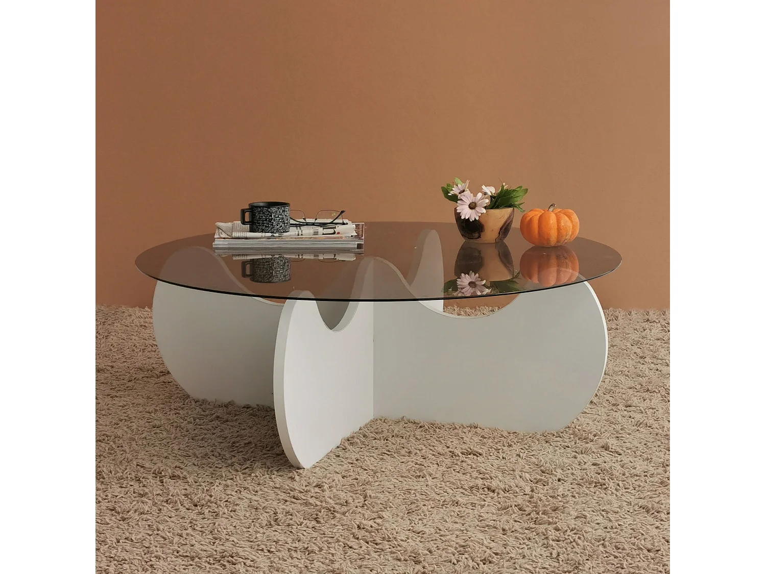 Mesa de café Kailua 1639, Blanco, 30cm, Diámetro: 90, Vidrio templado, Redonda