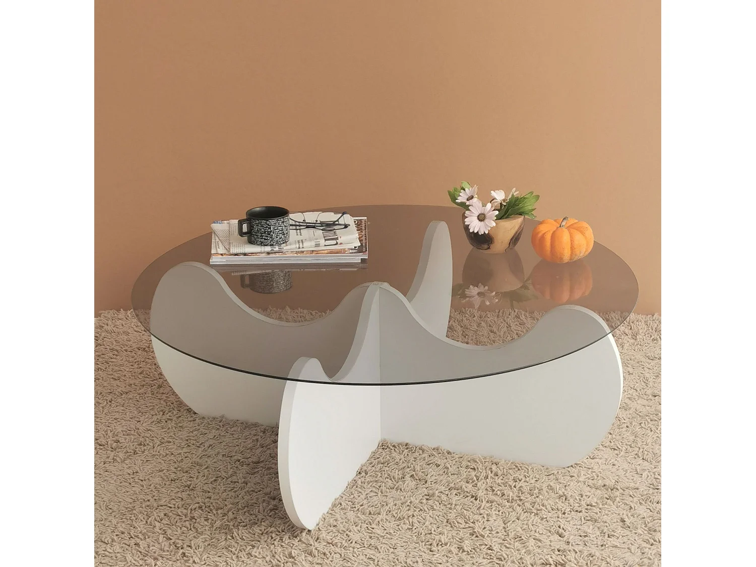 Mesa de café Kailua 1639, Blanco, 30cm, Diámetro: 90, Vidrio templado, Redonda