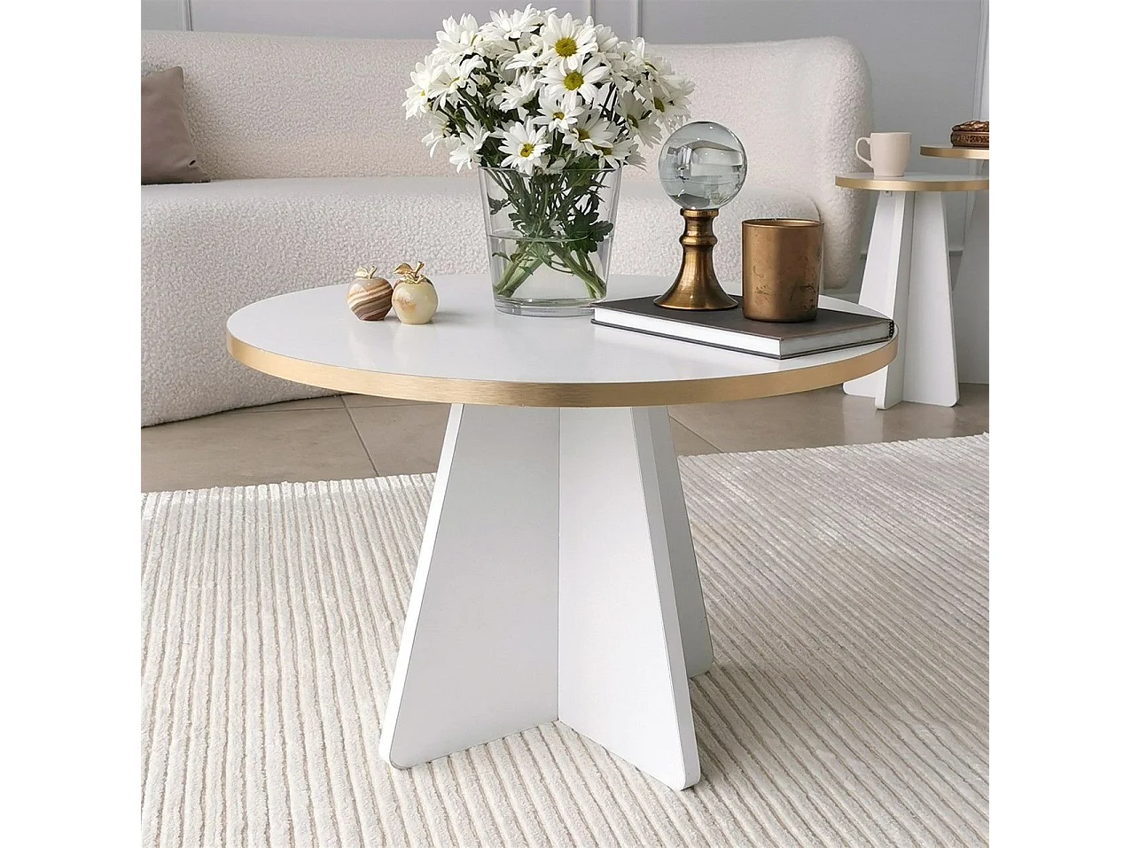 Mesa de café Kailua 1818, Dorado|Blanco, 40cm, Diámetro: 60, Aglomerado laminado, Redonda
