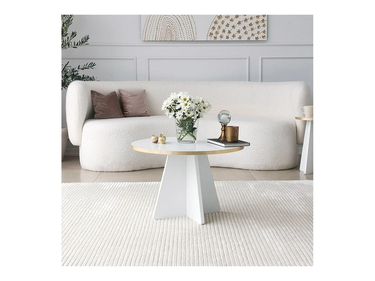 Table basse ronde Ralia D60cm Bois Blanc et Or