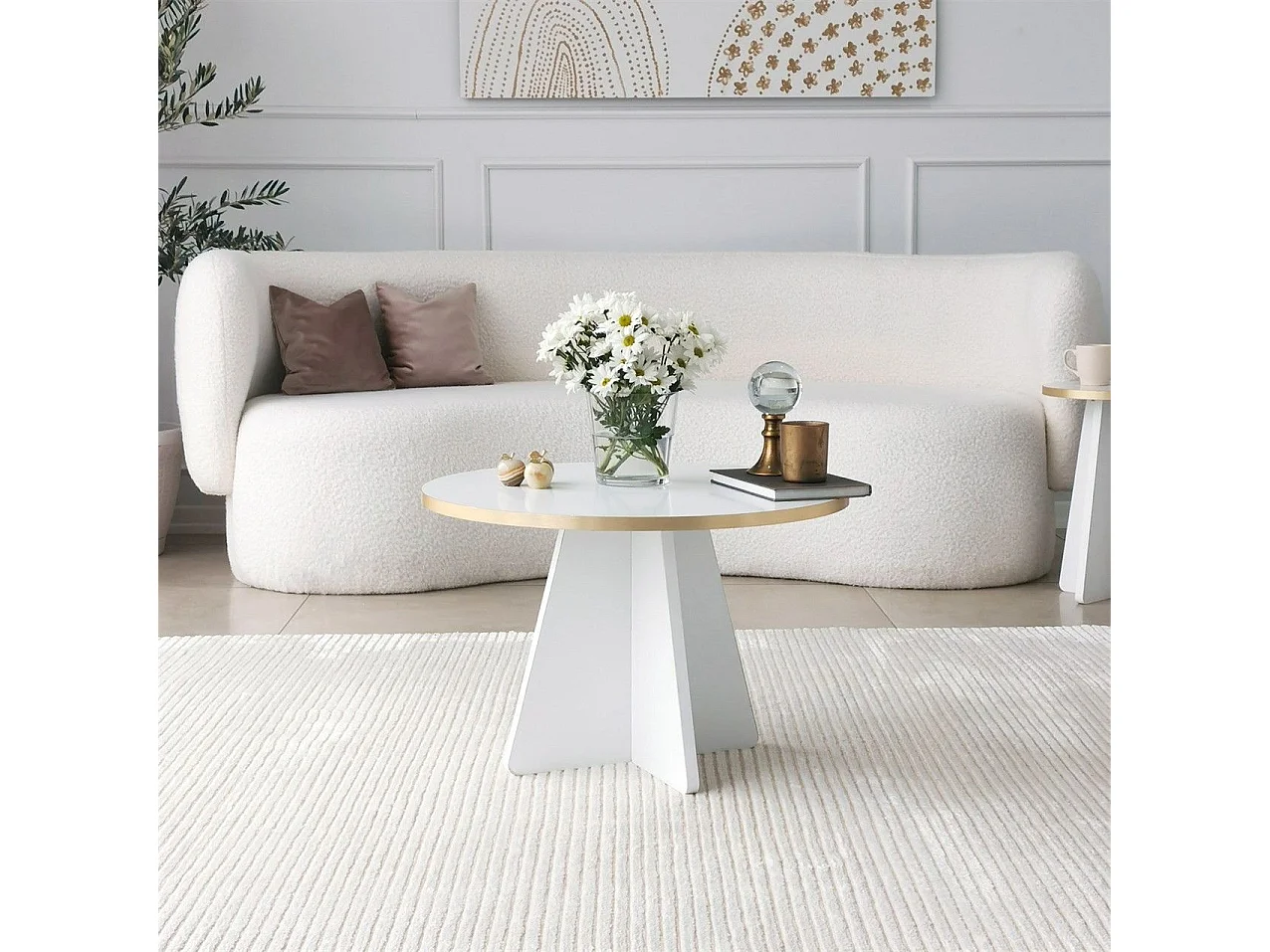 Table basse ronde Ralia D60cm Bois Blanc et Or
