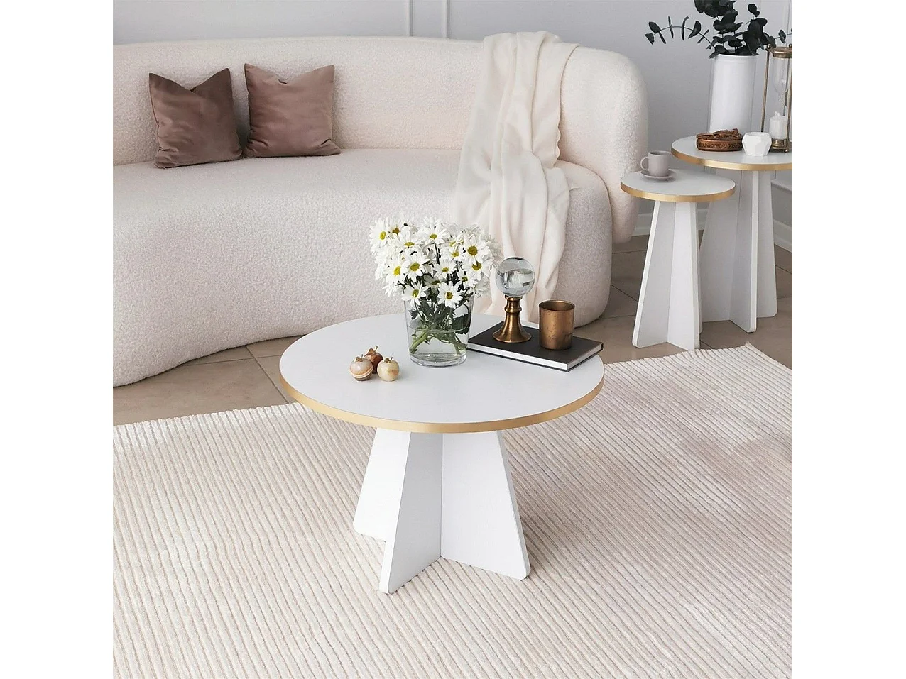 Table basse ronde Ralia D60cm Bois Blanc et Or