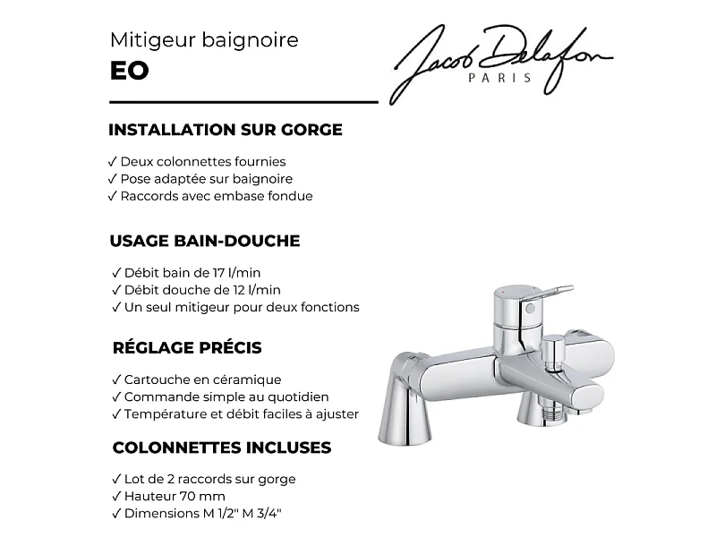 Mitigeur baignoire mécanique JACOB DELAFON Eo chromé avec colonnettes