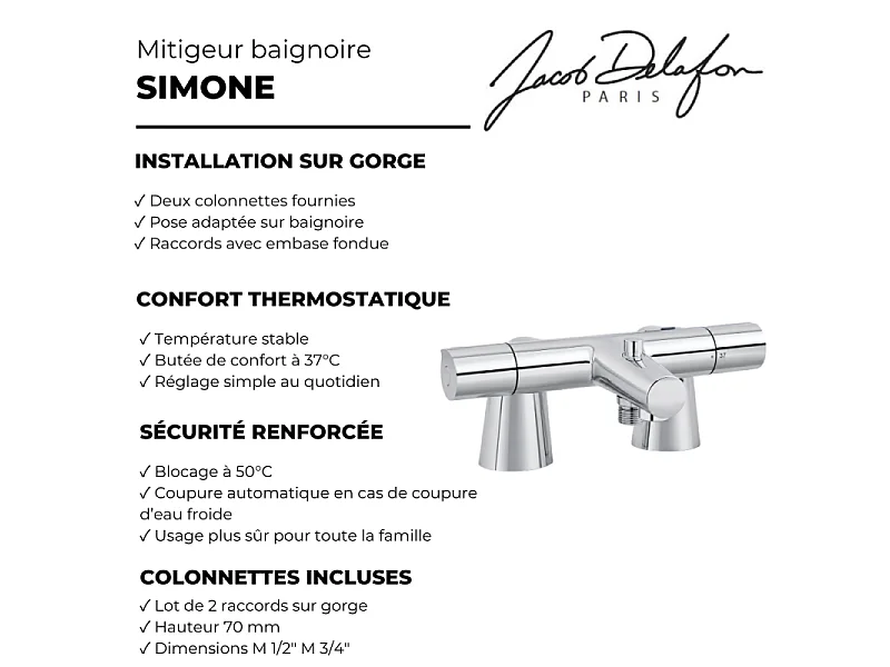 Mitigeur baignoire thermostatique JACOB DELAFON Simone chromé avec colonnettes