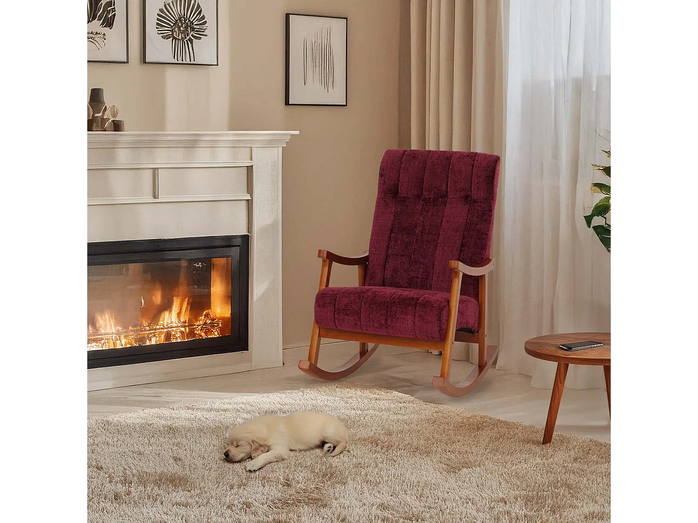 Schommelstoel MCW-K10,  bordeauxrood, frame in walnootlook