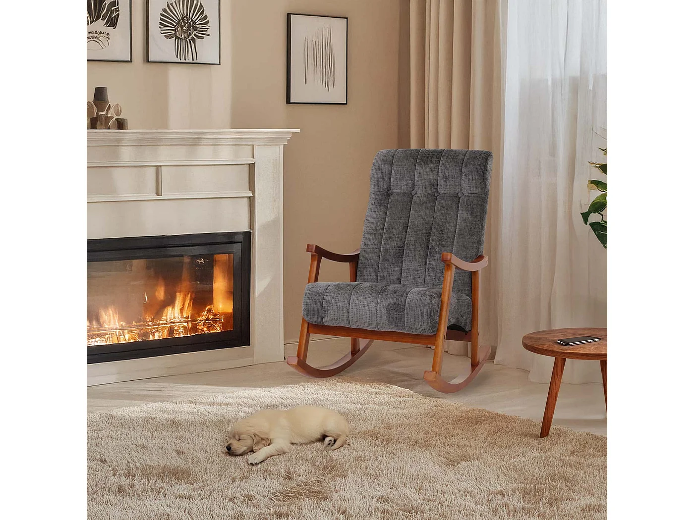 Sedia a dondolo MCW-K10, poltrona relax, legno FSC stoffa/tessuto ciniglia (465g/m²) ~ grigio scuro, color noce