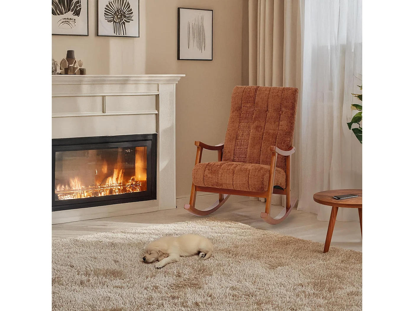 Fauteuil à bascule MCW-K10,  terre cuite, structure aspect noyer