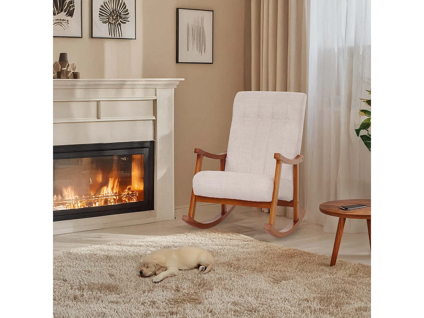 Schommelstoel MCW-K10,  crème, frame in walnootlook