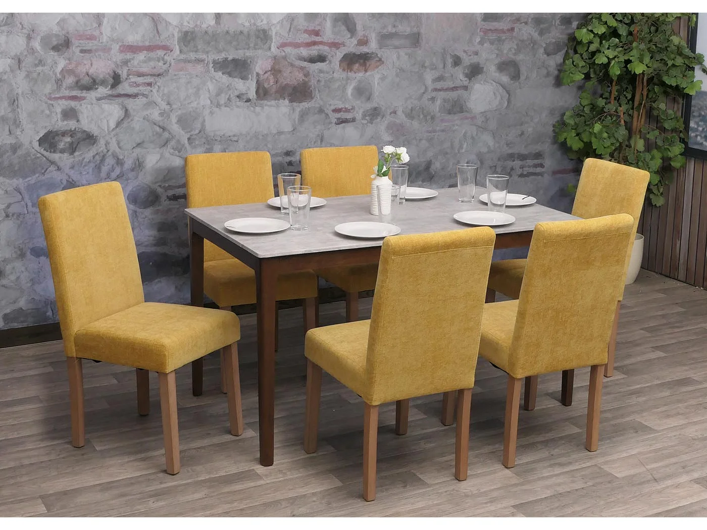 Silla de comedor Littau de chenilla (set de 2),  amarillo, patas color natural