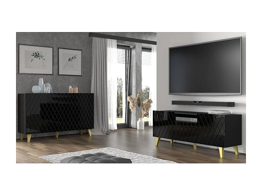 Meuble TV DIUNA 145 cm 2D1K sur pieds noir brillant