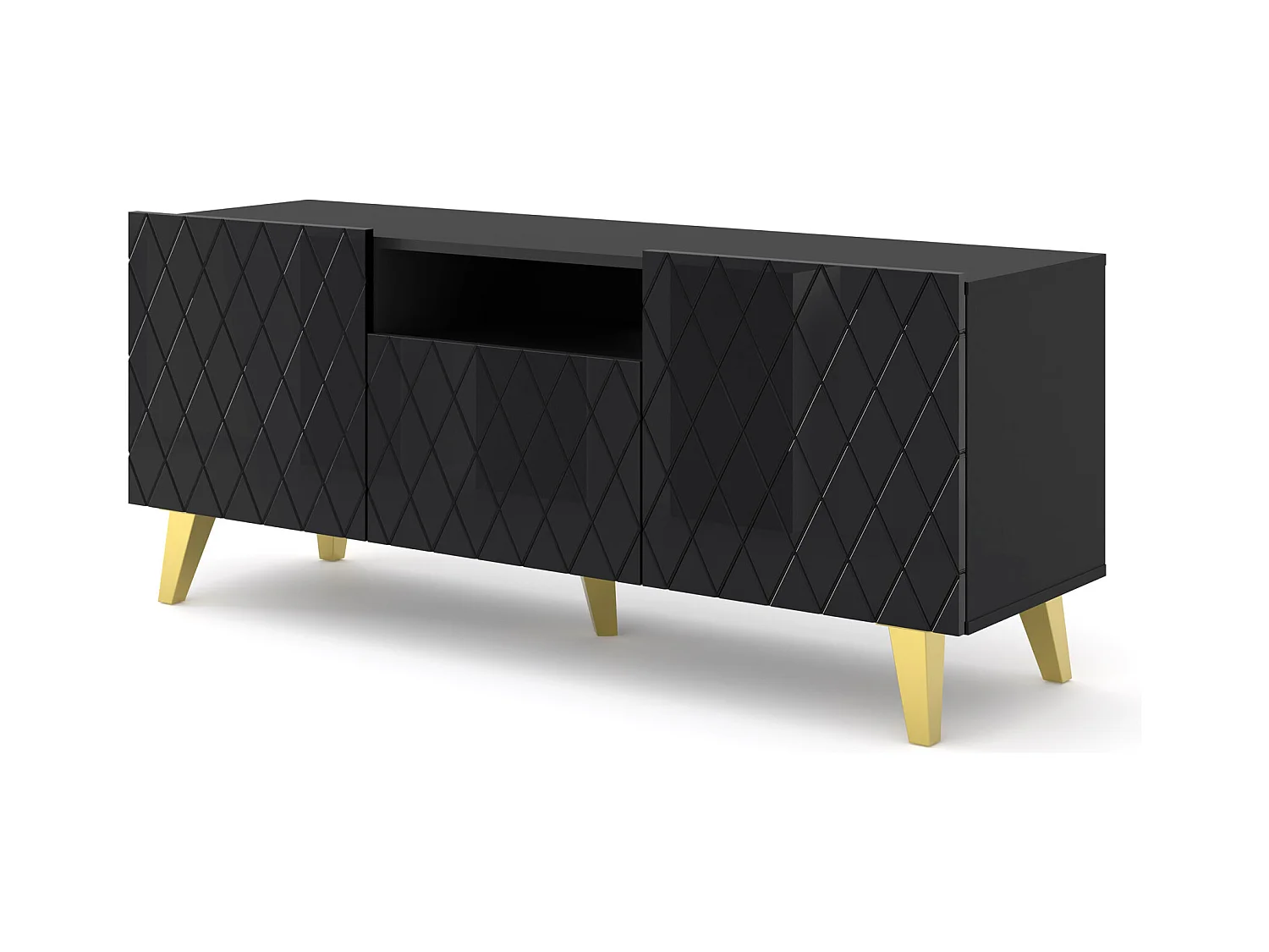 Meuble TV DIUNA 145 cm 2D1K sur pieds noir brillant
