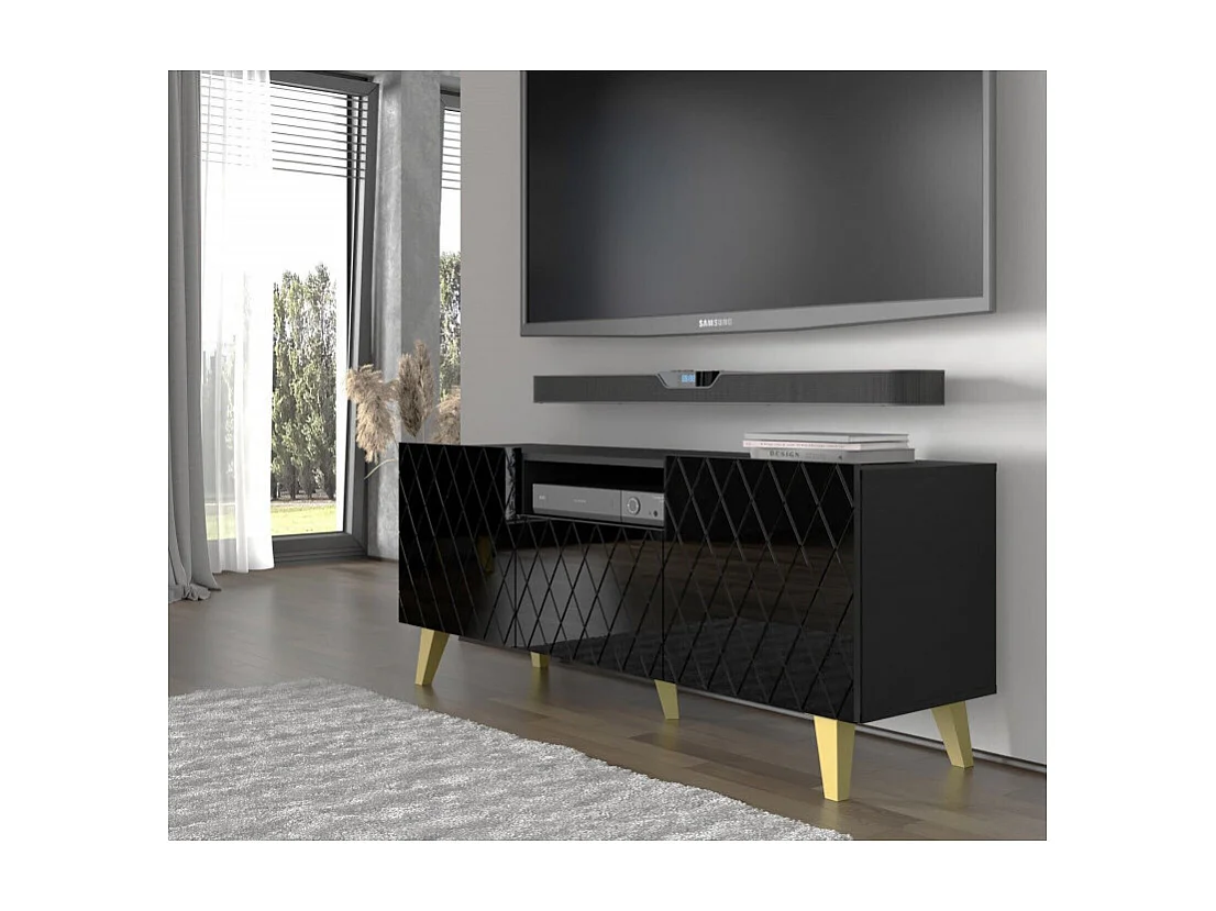 TV-meubel DIUNA 145 cm 2D1K op voetjes zwart hoogglans