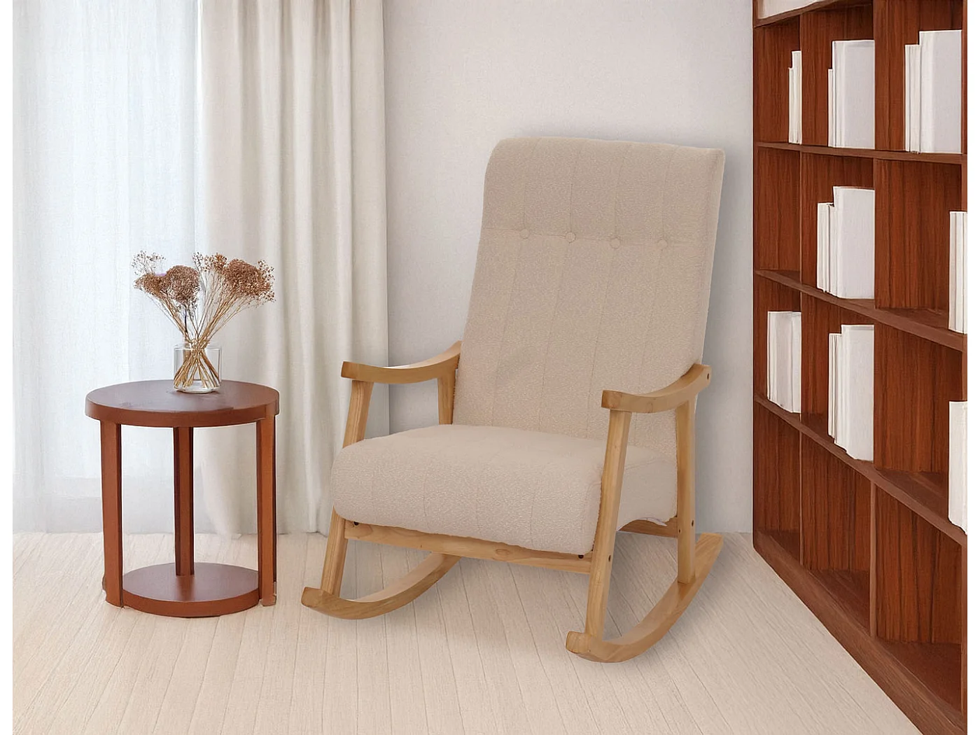 Fauteuil à bascule MCW-K10,  beige, structure naturelle