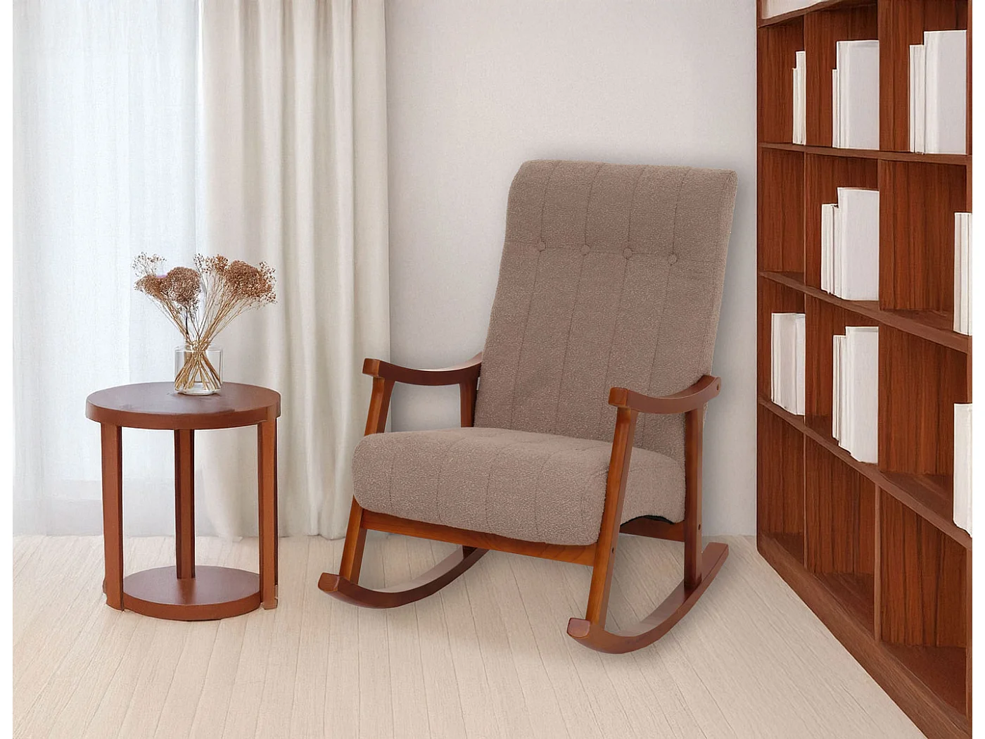 Fauteuil à bascule MCW-K10,  taupe, structure aspect noyer