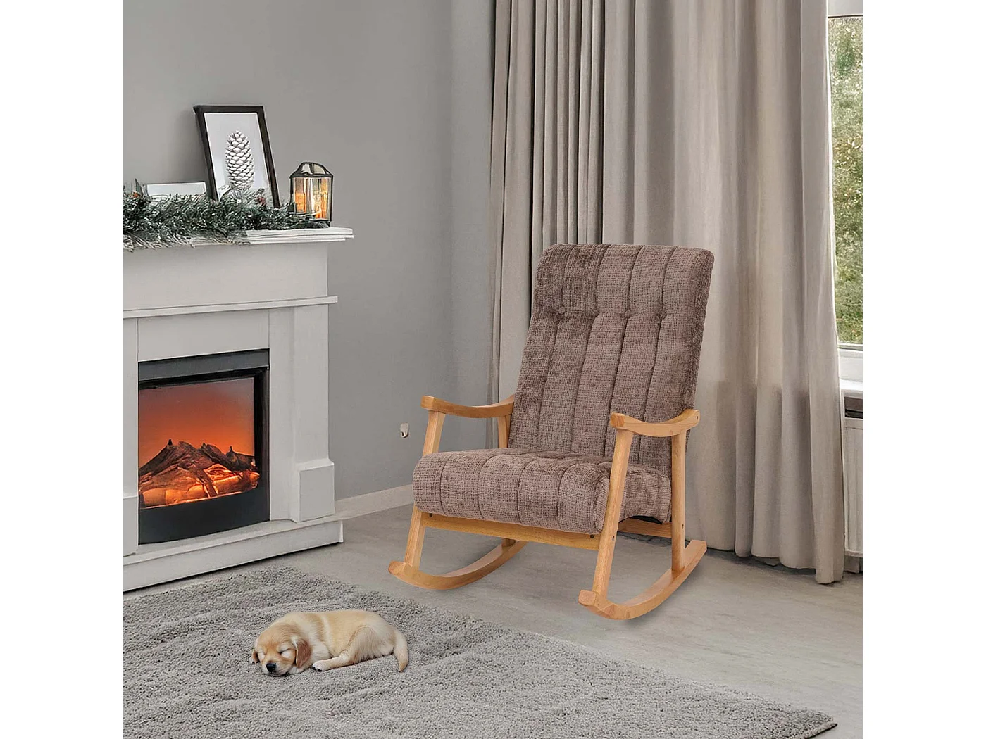 Silla mecedora MCW-K10,  marrón, estructura natural