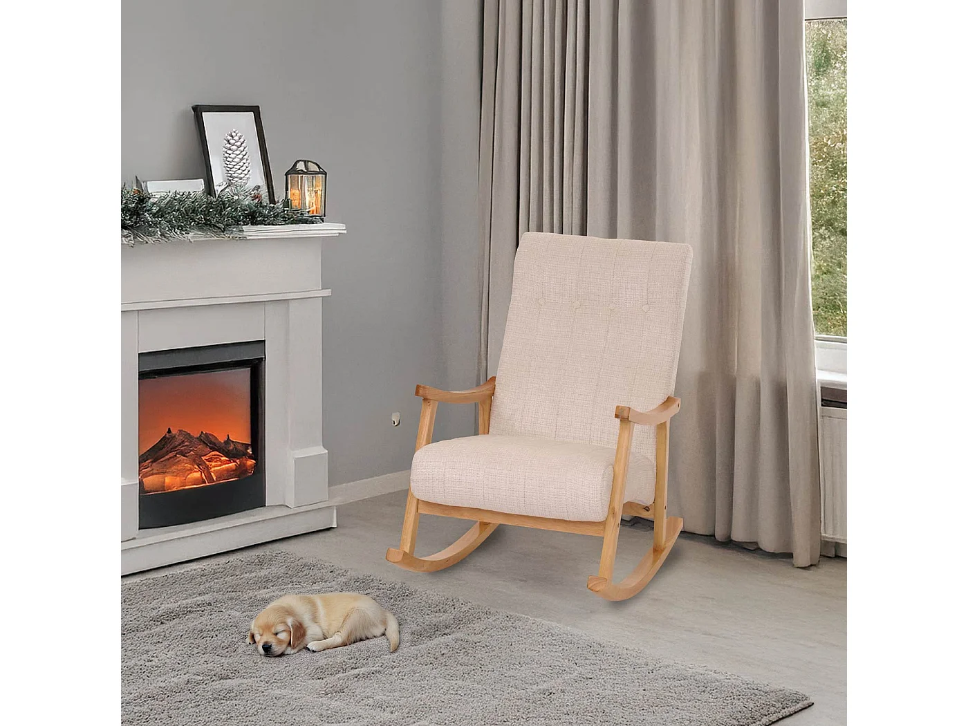 Fauteuil à bascule MCW-K10,  crème, structure naturelle