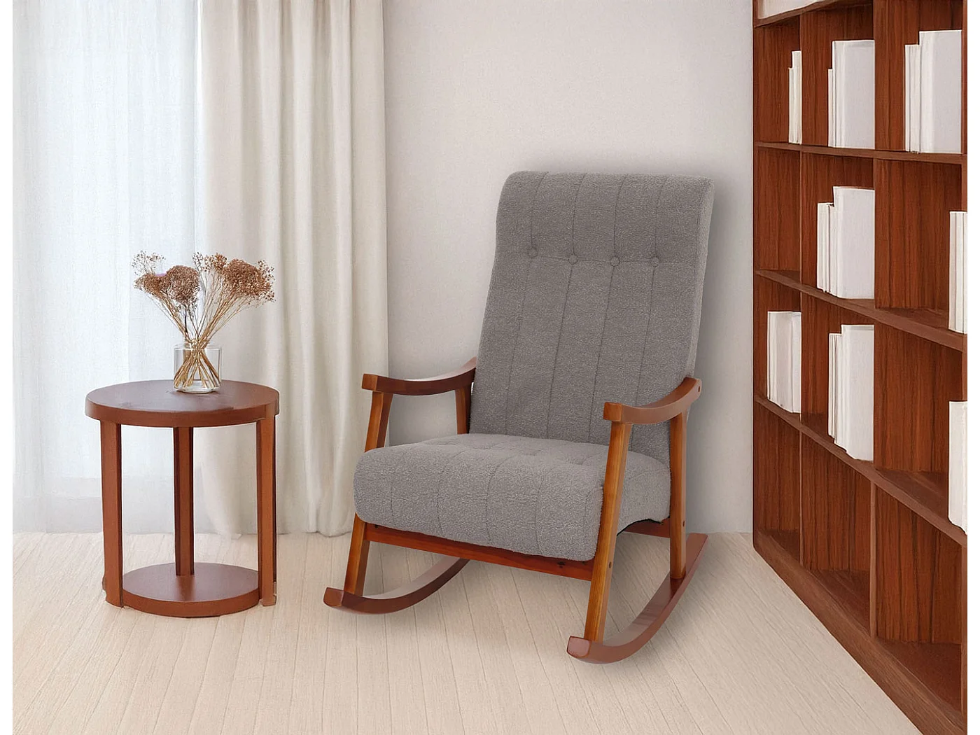 Fauteuil à bascule MCW-K10,  gris, structure aspect noyer