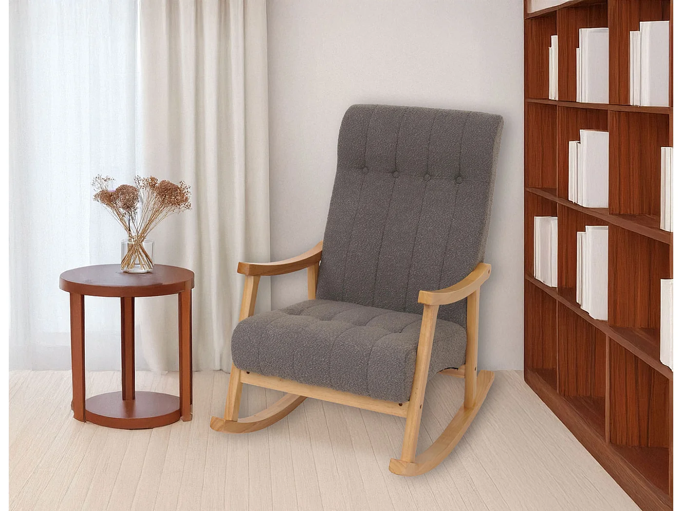Silla mecedora MCW-K10,  gris oscuro, estructura natural