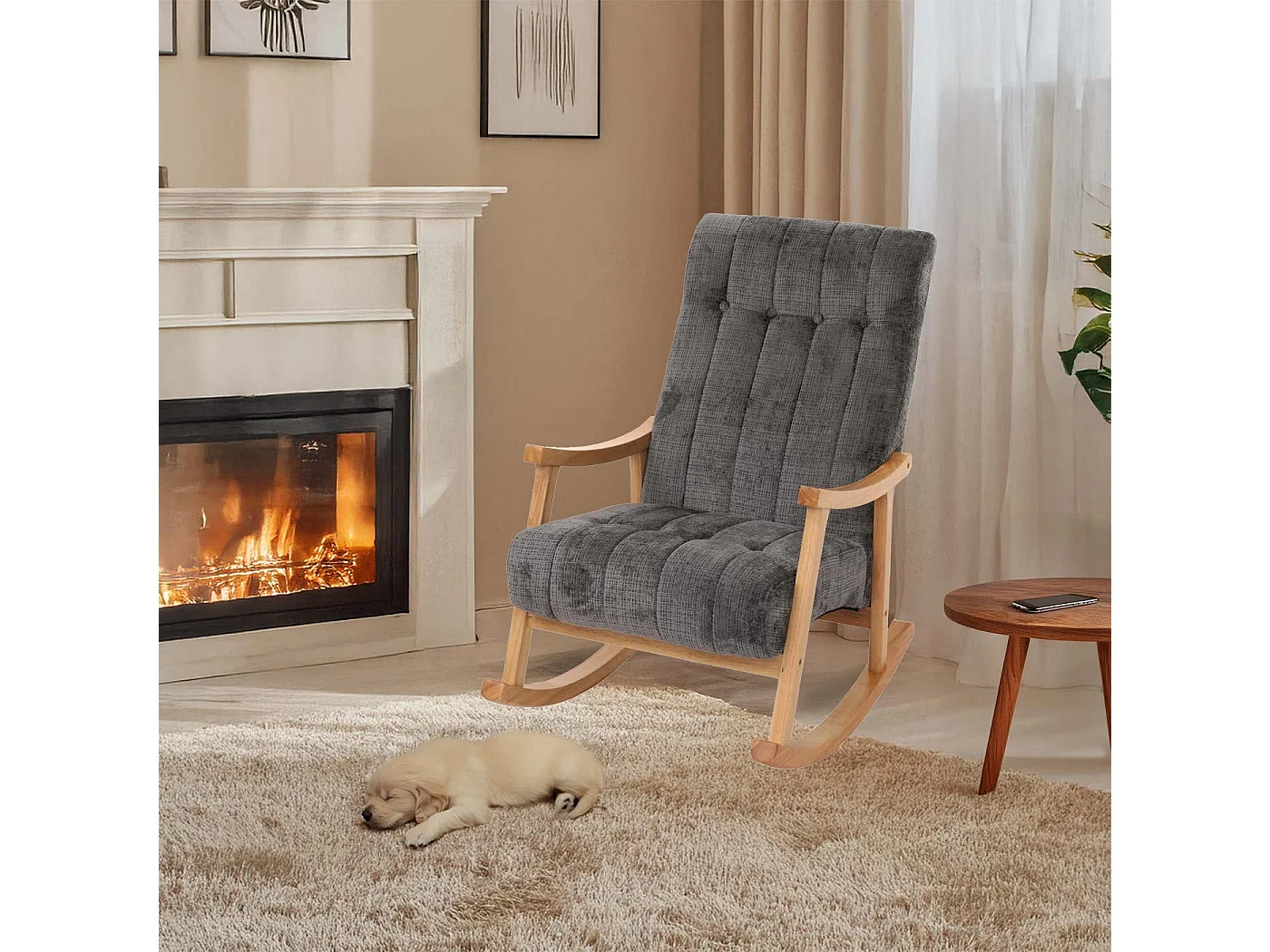 Fauteuil à bascule MCW-K10,  gris foncé, structure naturelle