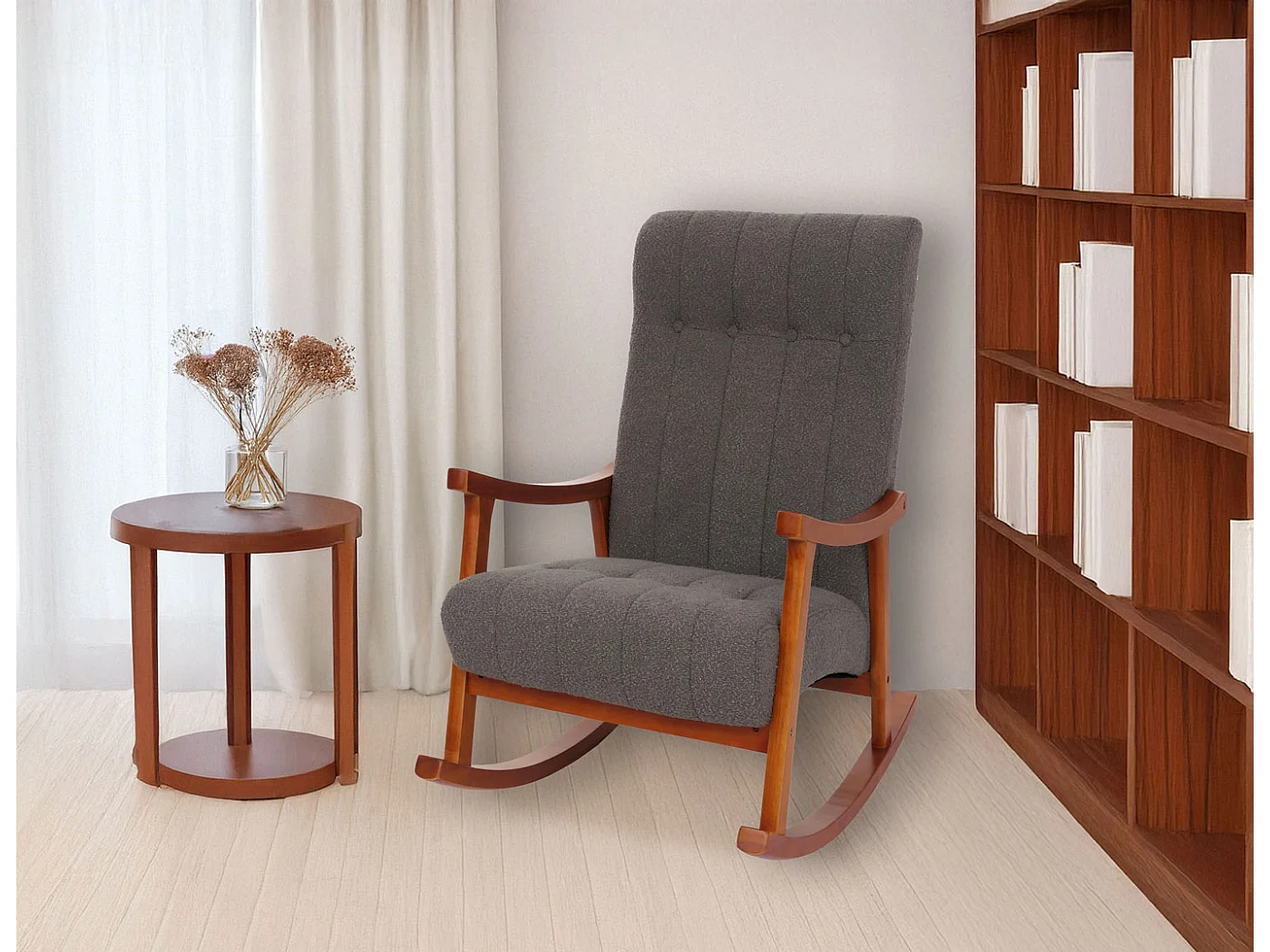 Fauteuil à bascule MCW-K10,  gris foncé, structure aspect noyer