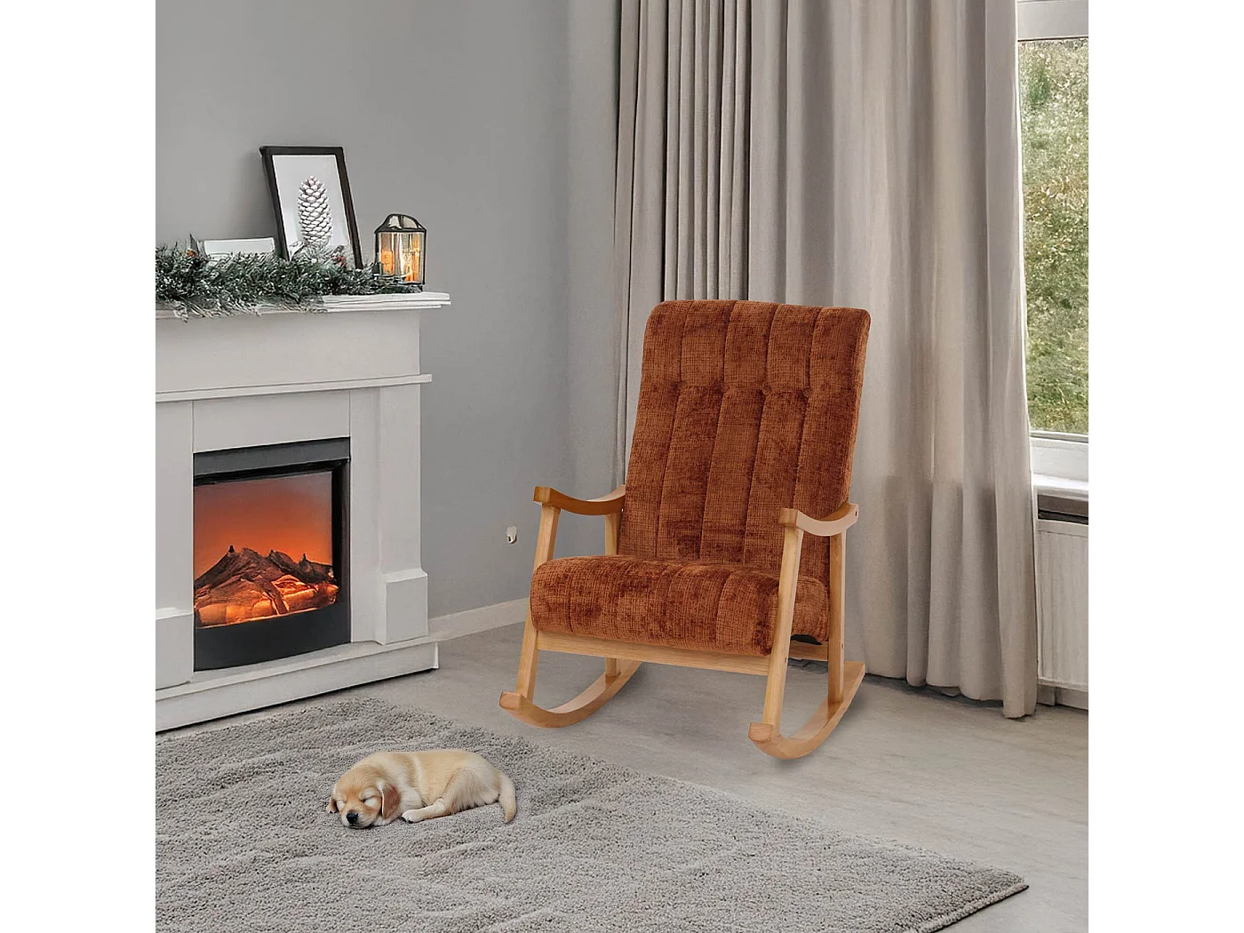 Fauteuil à bascule MCW-K10,  terre cuite, structure naturelle