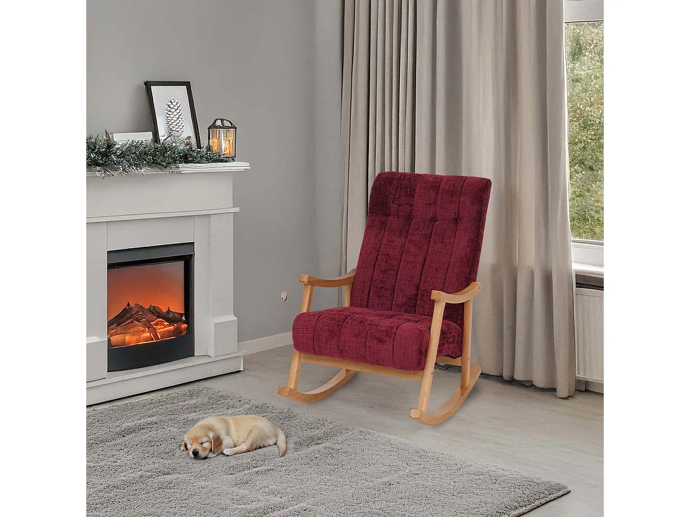 Fauteuil à bascule MCW-K10,  bordeaux, structure naturelle