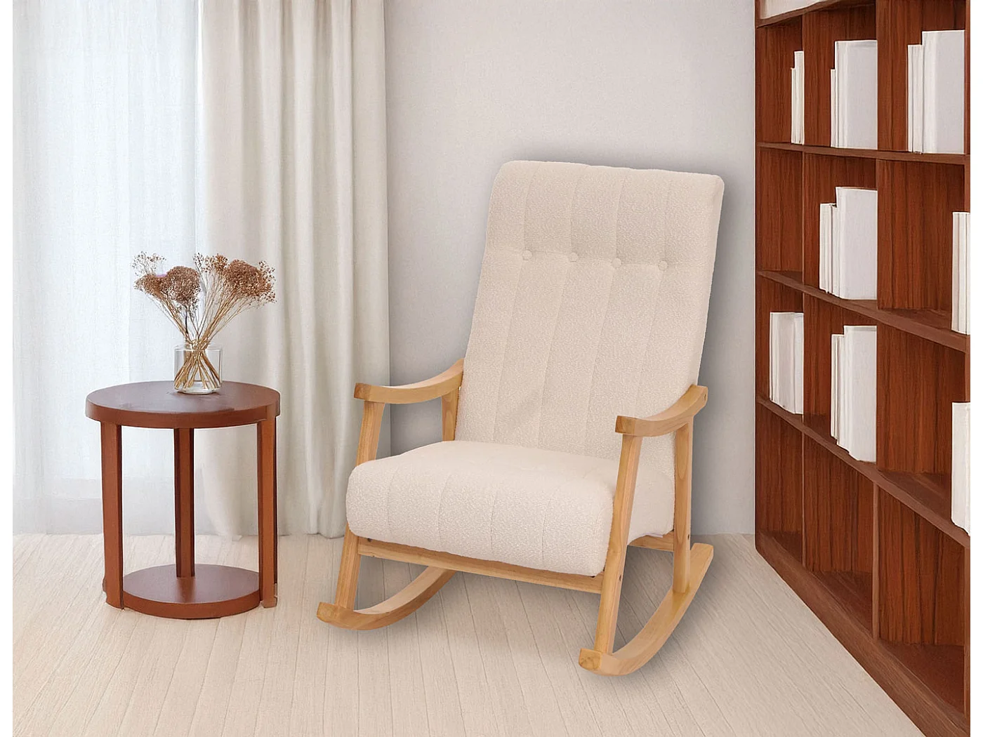 Silla mecedora MCW-K10,  color crema, estructura natural