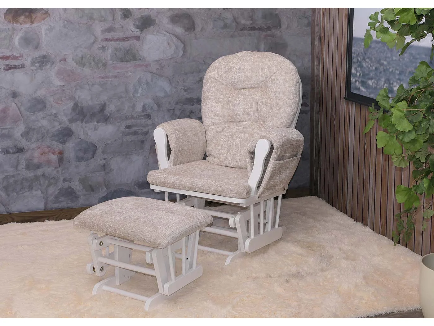 Poltrona a dondolo MCW-C76 sedia relax poggiapiedi Stoffa/tessuto ciniglia (465g/m²) ~ avorio, struttura bianca