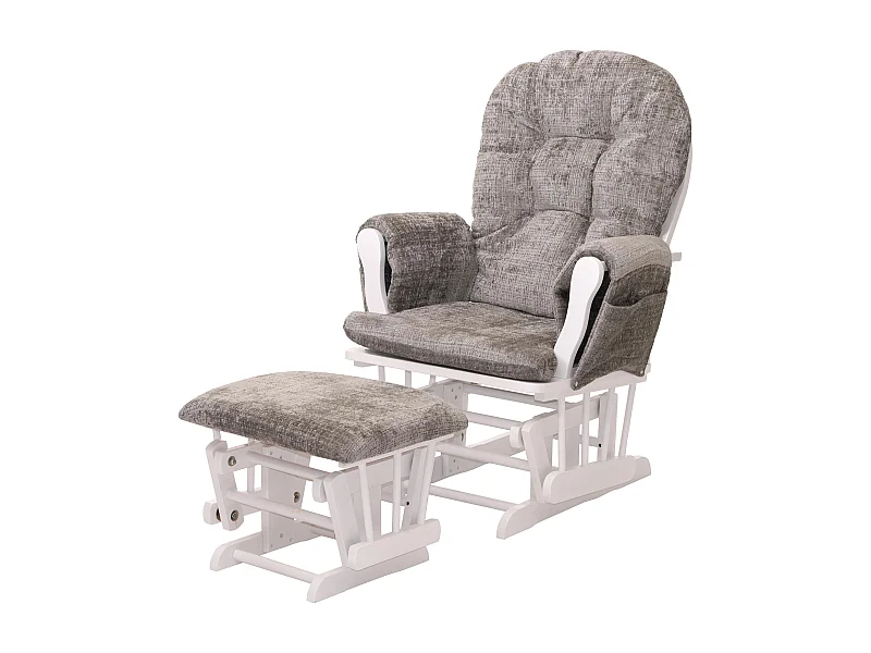 Poltrona a dondolo MCW-C76 sedia relax poggiapiedi Stoffa/tessuto ciniglia (465g/m²) ~ grigio chiaro, struttura bianca