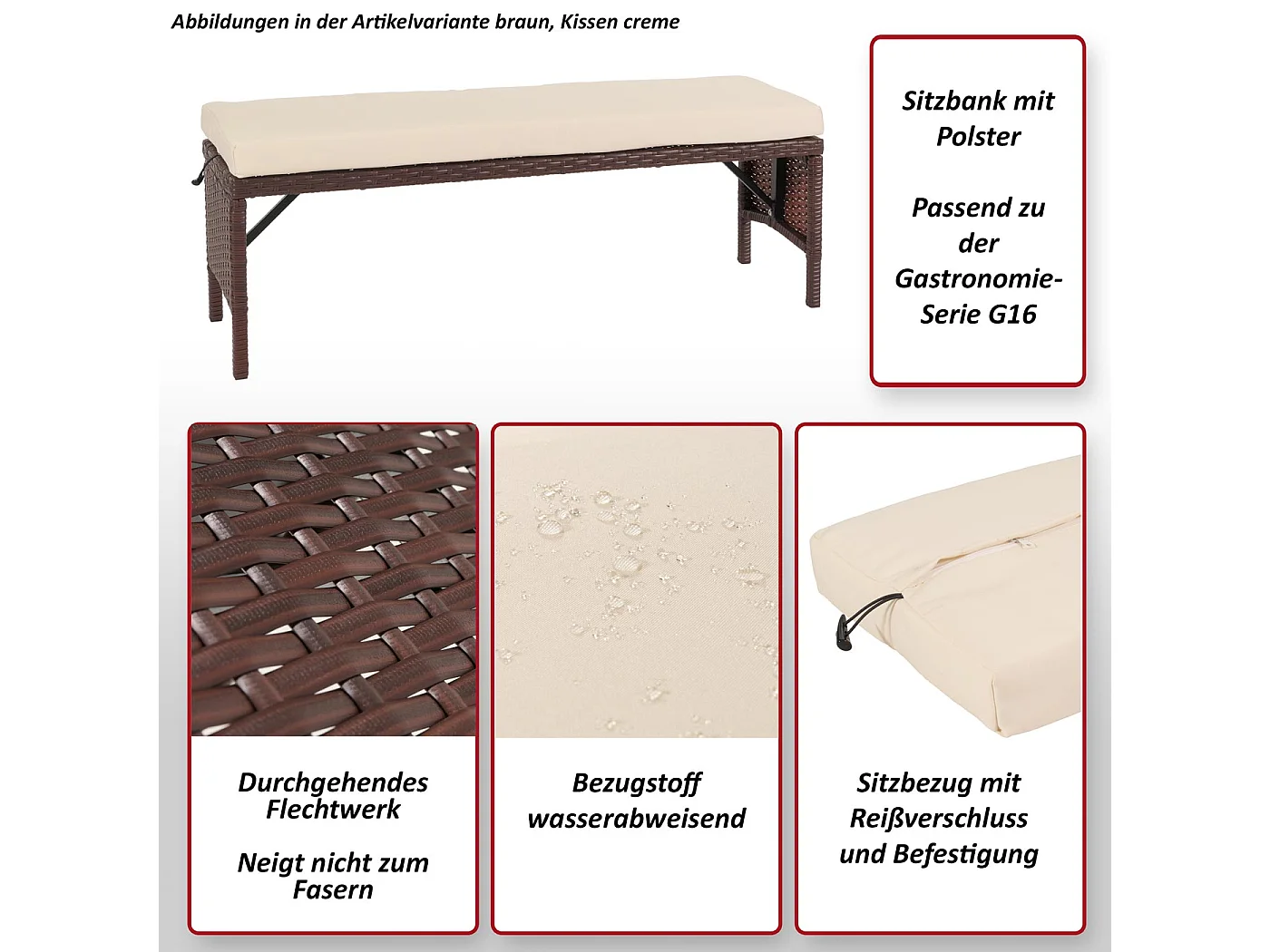 Banc en poly rotin MCW-G16,  brun, coussin crème